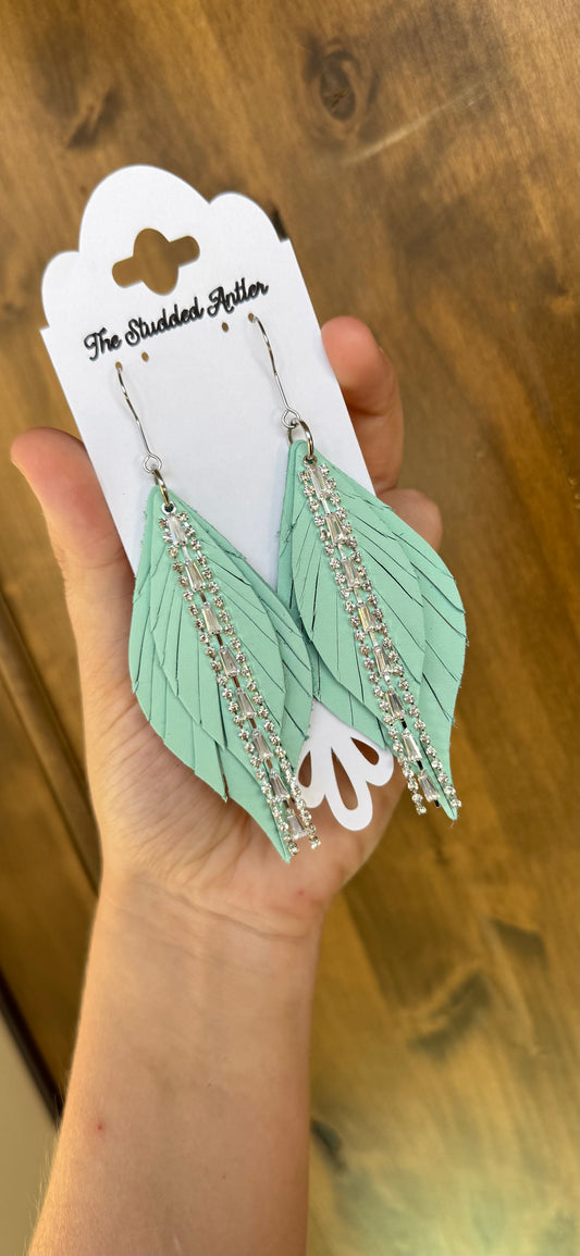 Mint blue leather earrings - Handmade Hypoallergenic Leather Earrings with silver rhinestone tassel