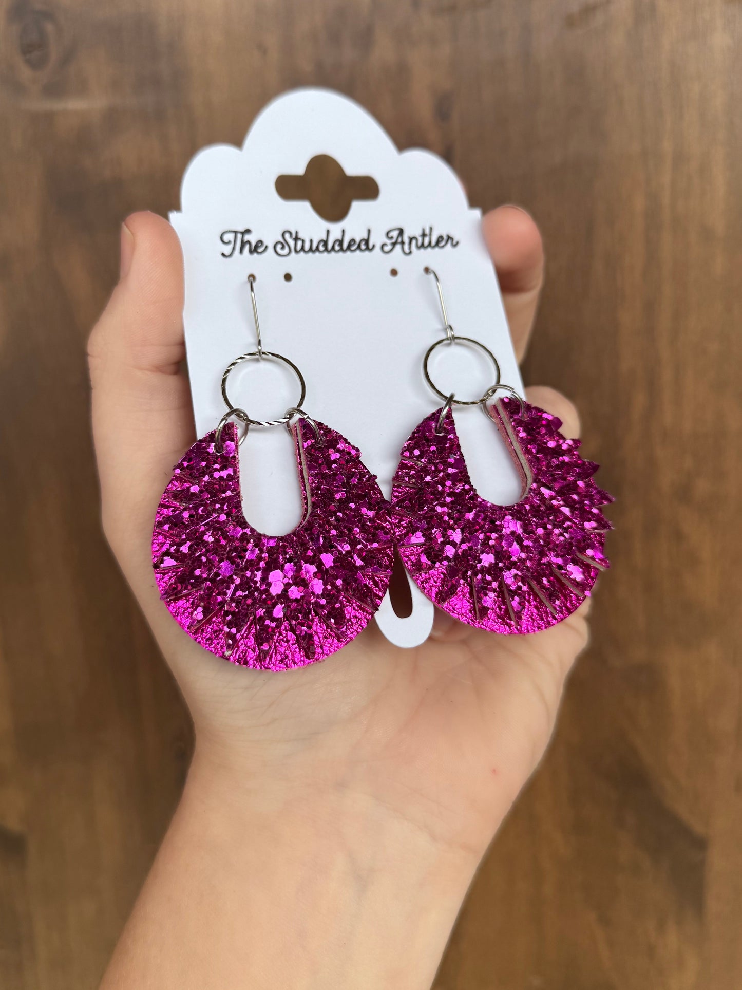 Hot Pink Glitter Handmade Hypoallergenic Round Leather Earrings with Silver Circle Accents
