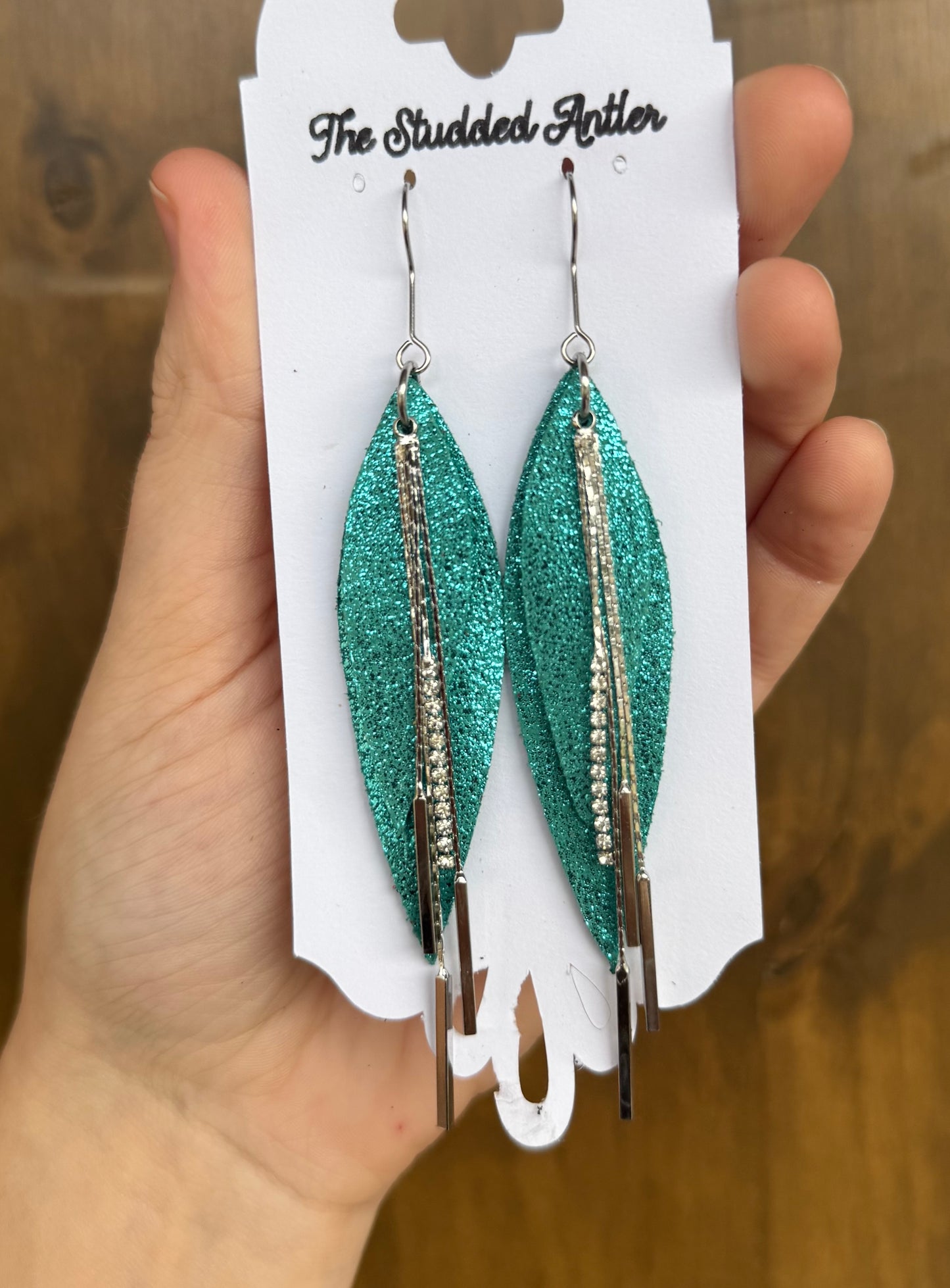 Blue Turqouise Handmade Hypoallergenic Leather Earrings with Silver Bar Dangles