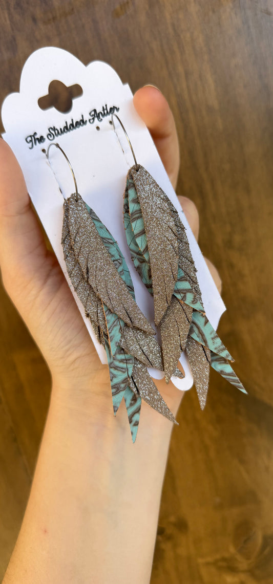 Boho Style Leather Earrings - Fringe Feather Leather Earrings - Blue and taupe