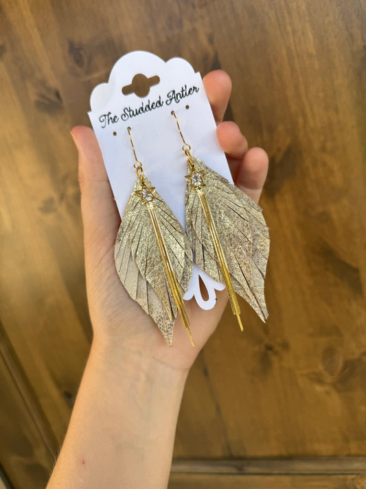 Leather Feather star Earrings - Gold shimmer Earrings - Women's Western Earrings