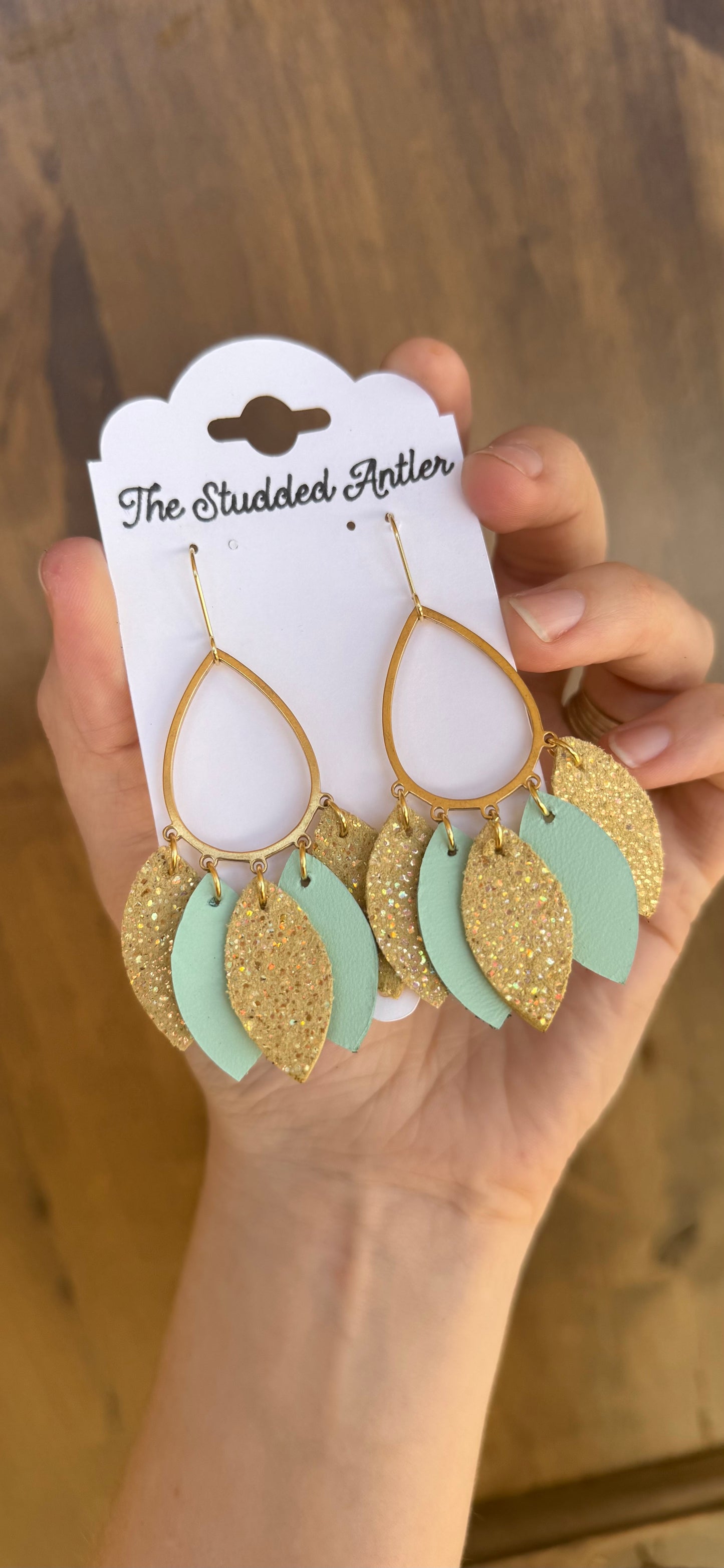 Mint Blue and Yellow Sparkle Short Dangle Genuine Leather Earrings