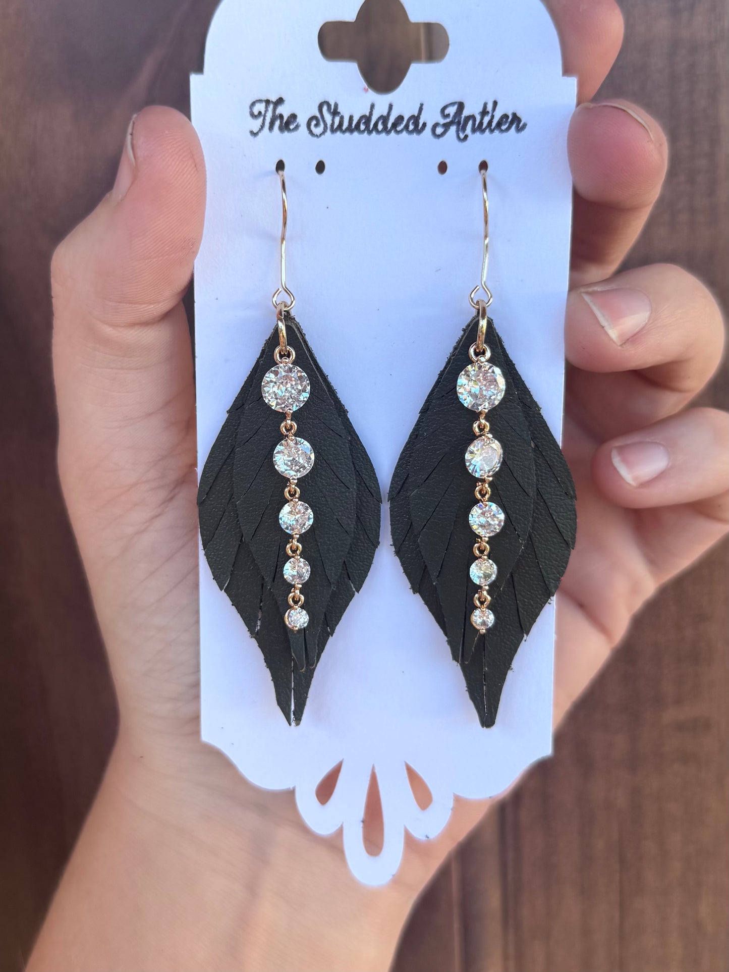 Handmade Hypoallergenic Dark Olive Green Leather Earrings with Gold Plated Brass Rhinestone Dangles