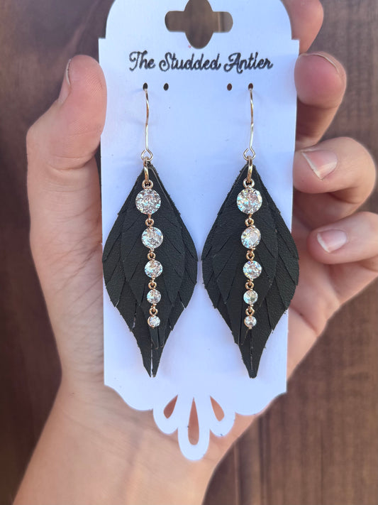 Handmade Hypoallergenic Dark Olive Green Leather Earrings with Gold Plated Brass Rhinestone Dangles