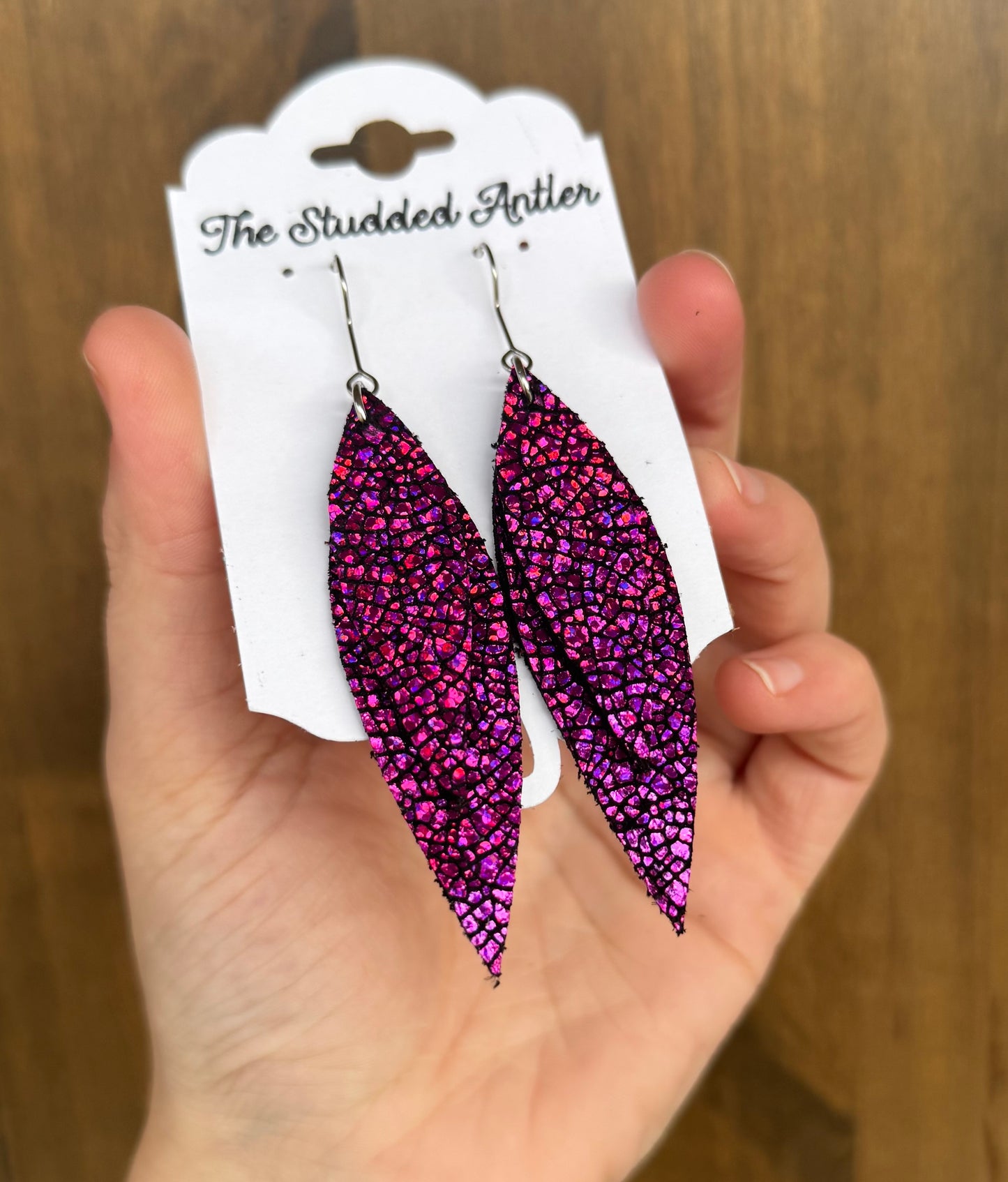 Hot Pink Handmade Hypoallergenic Leather Earrings with Crackle