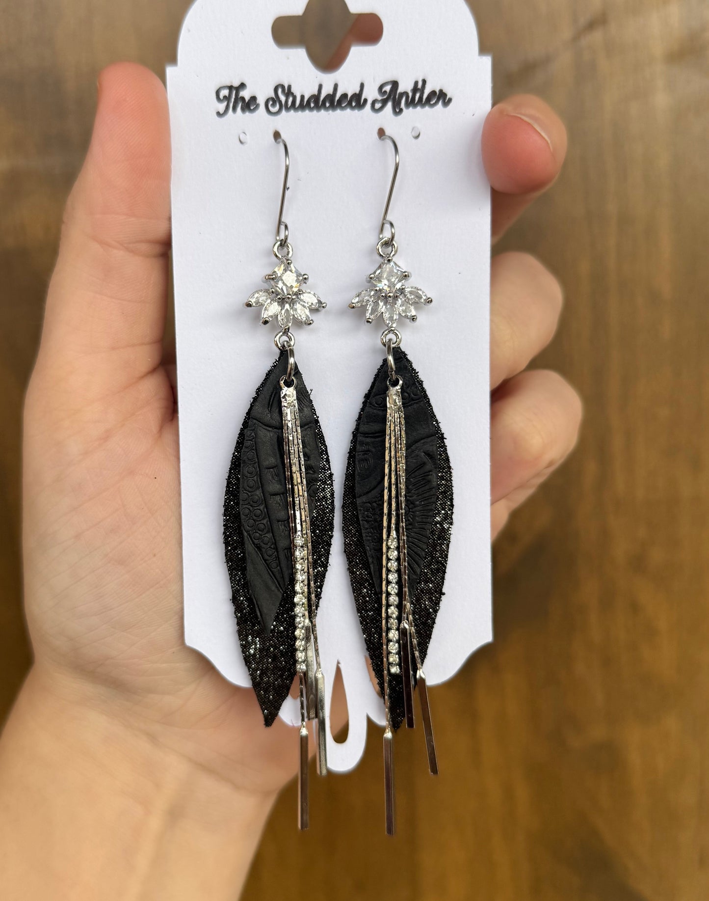 Black Sparkle Handmade Hypoallergenic Leather Earrings with Silver Bar Dangles