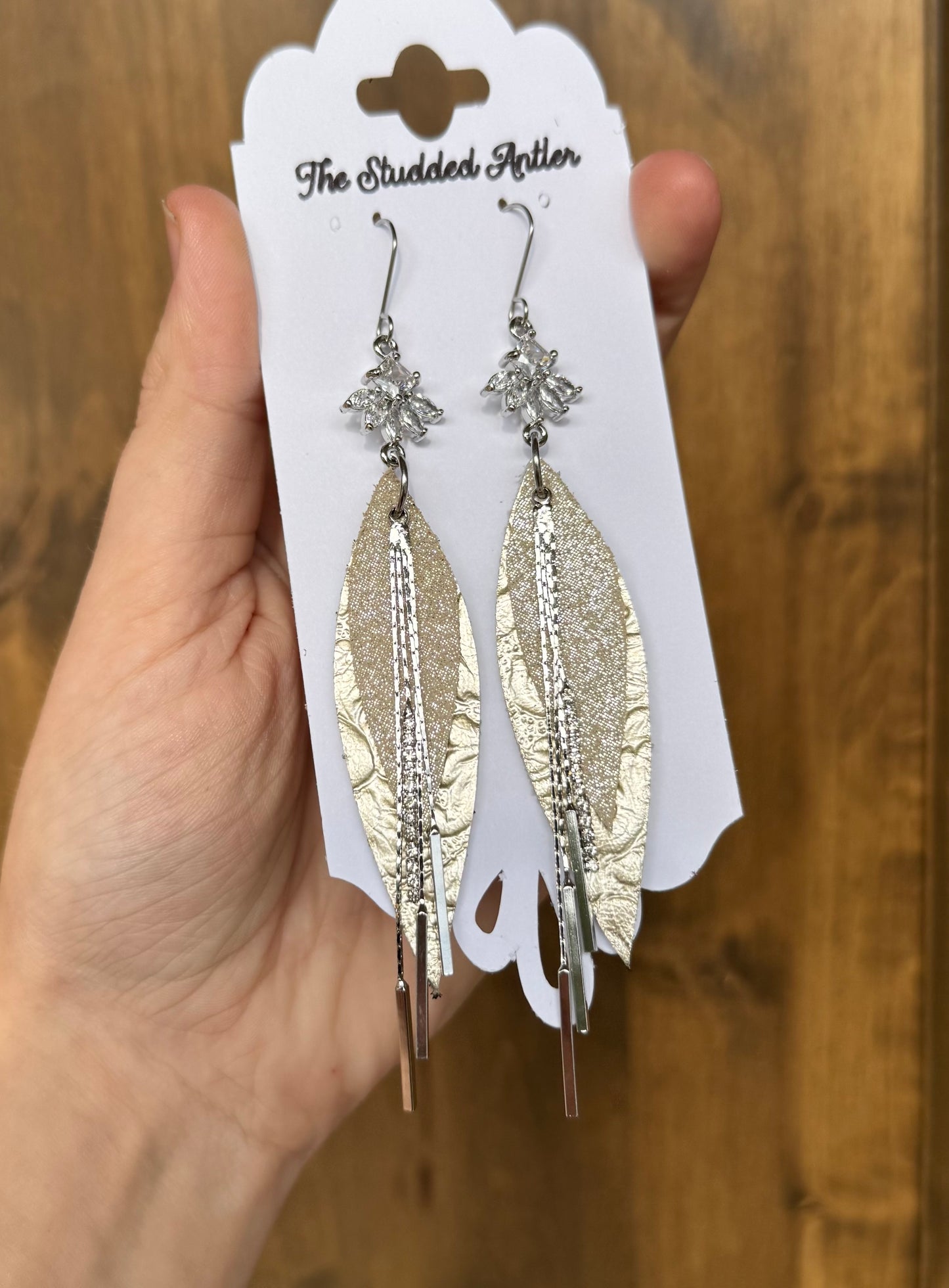 Champagne Sparkle Handmade Hypoallergenic Leather Earrings with Silver Bar Dangles
