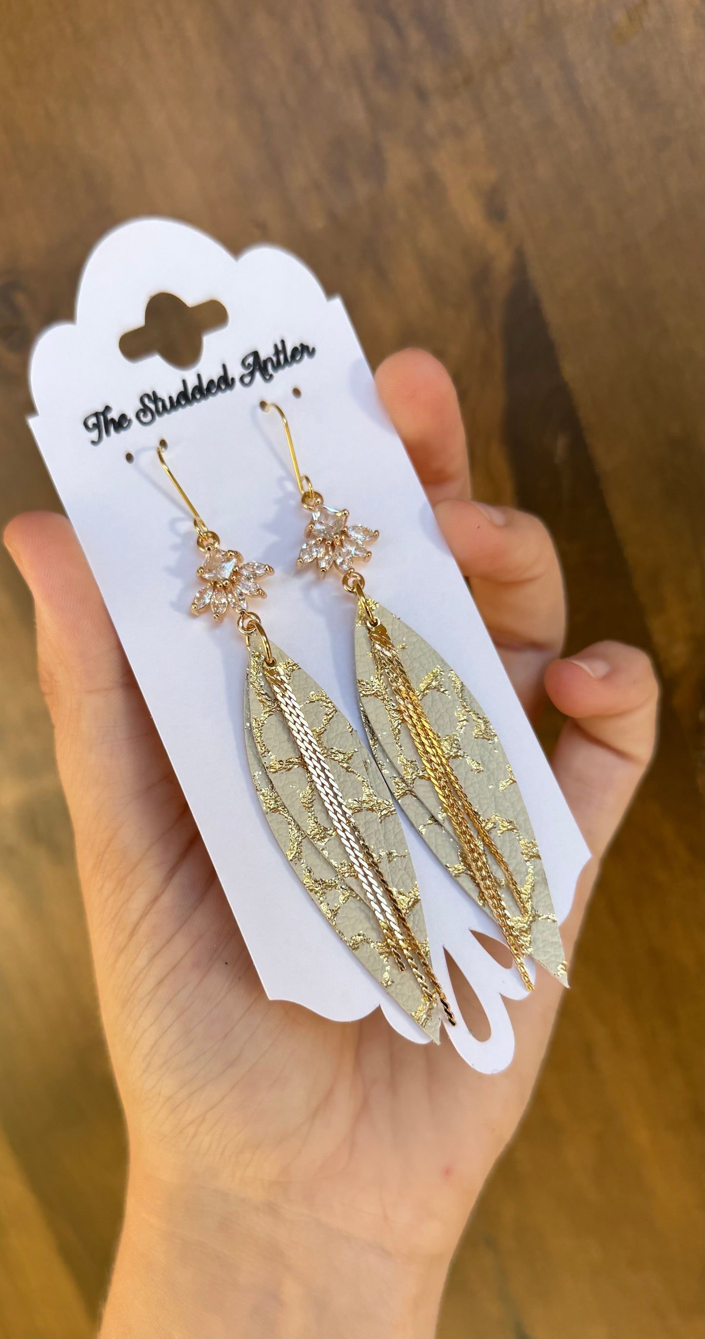 Gold and White Handmade Hypoallergenic Leather Earrings with Rhinestones and gold chain