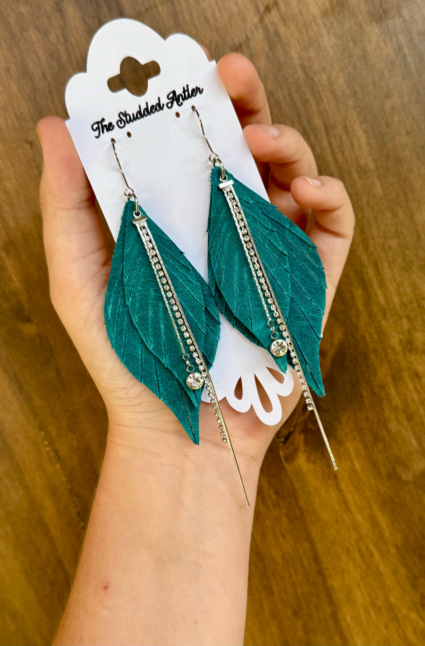 Dark Teal Blue leather earrings - Handmade Hypoallergenic Leather Earrings with silver rhinestone tassel