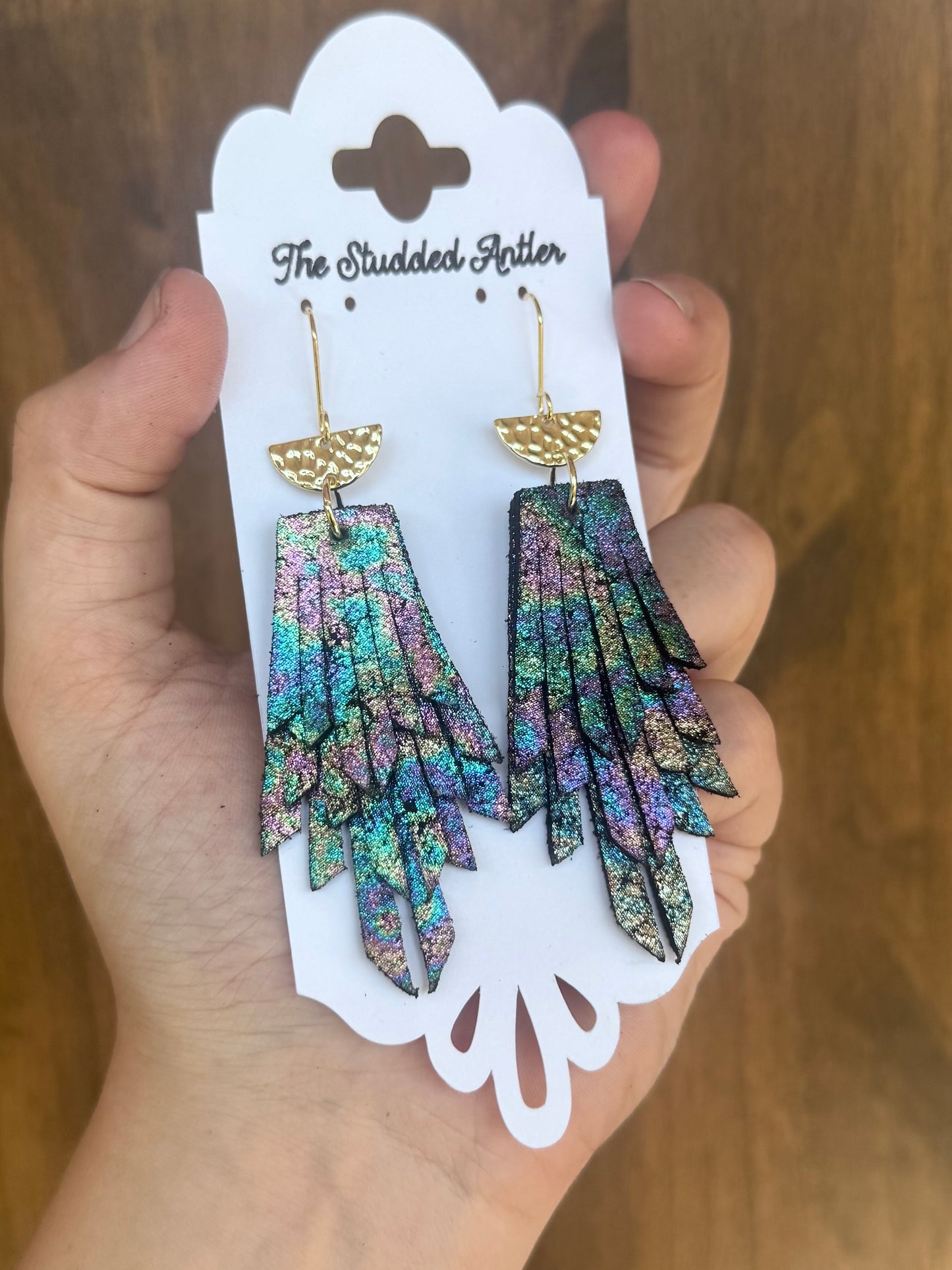 Handmade Hypoallergenic Oil Slick Leather Earrings with Hammered Gold Plated Accents