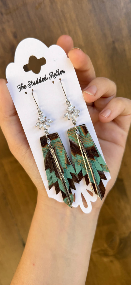 Womens western Style Leather Earrings - Teardrop Boho Style Leather Earrings - Silver, Blue and White