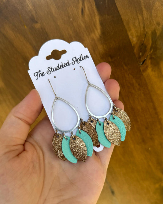 Teardrop Hoop Genuine Leather Earrings - Mint Blue and Taupe Shimmer