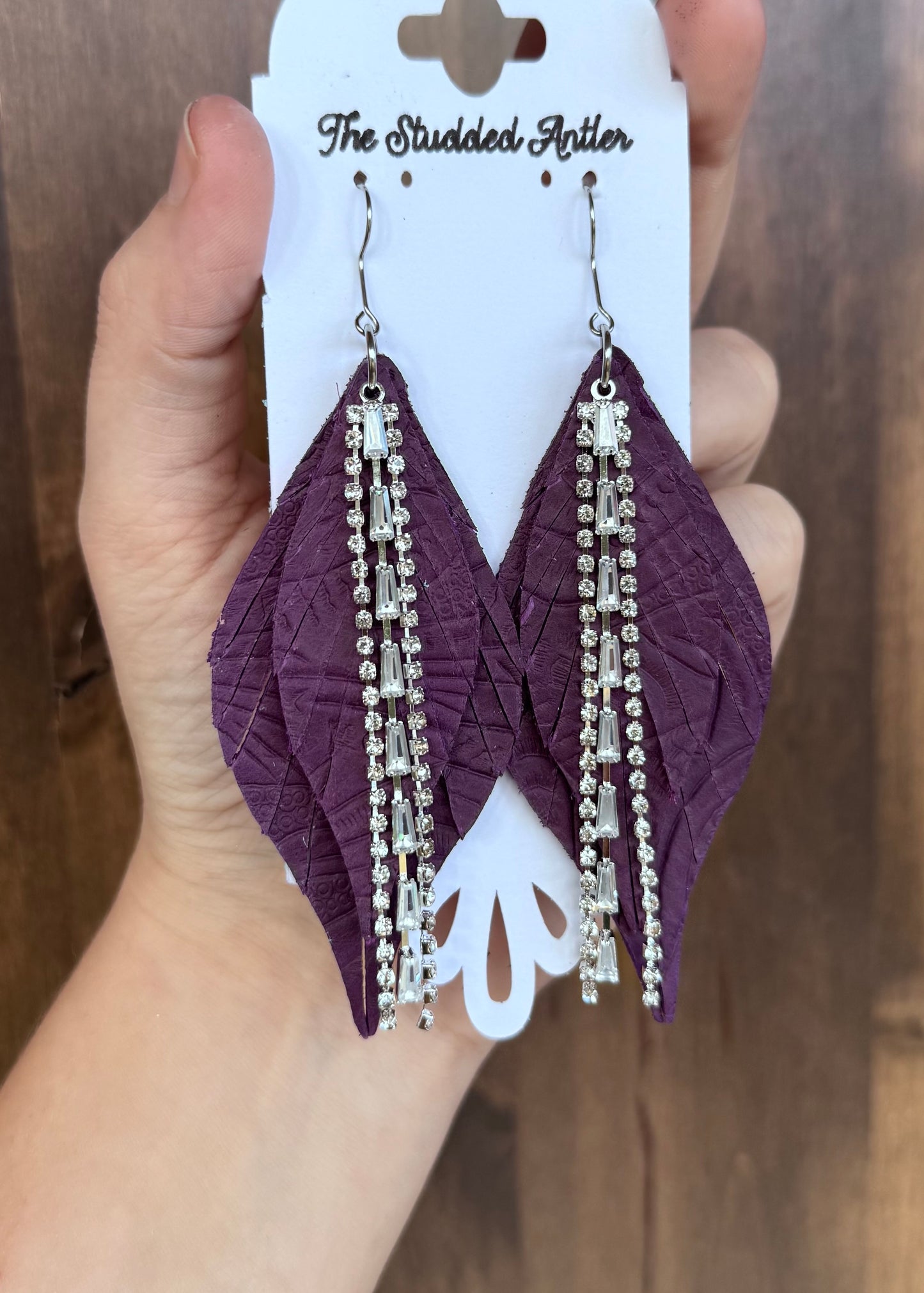 Purple Handmade Hypoallergenic Tooled Leather Earrings with  Rhinestone Tassels