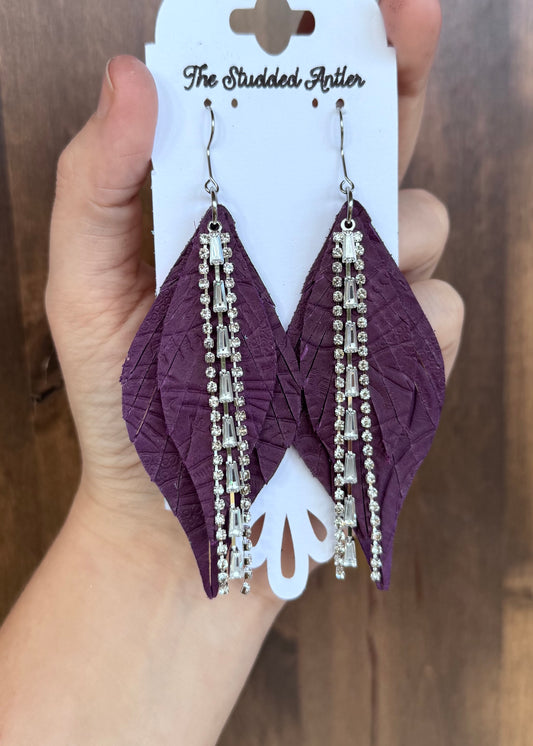 Purple Handmade Hypoallergenic Tooled Leather Earrings with  Rhinestone Tassels