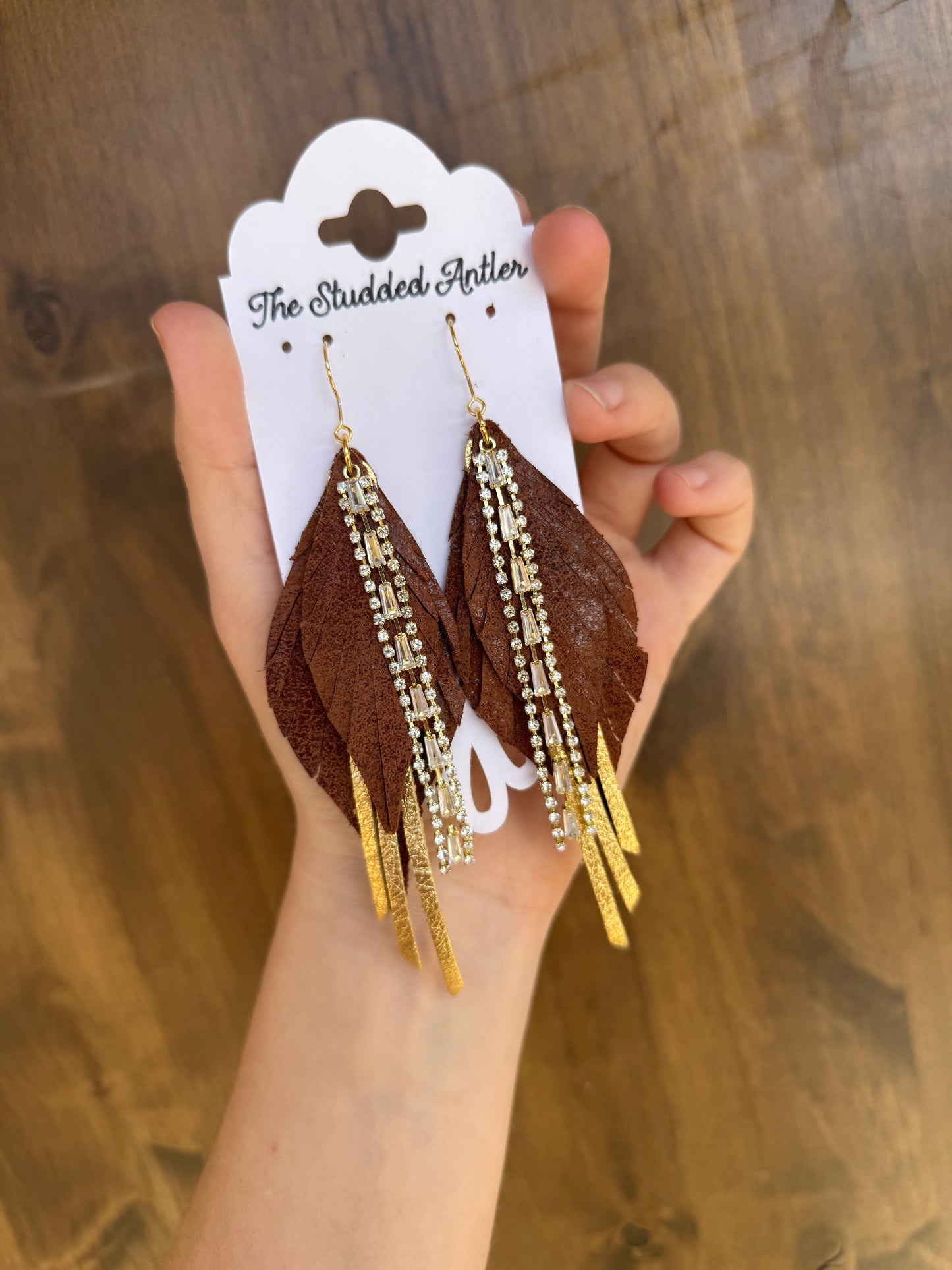 Fringe Feather Genuine Leather Earrings - Brown and Gold