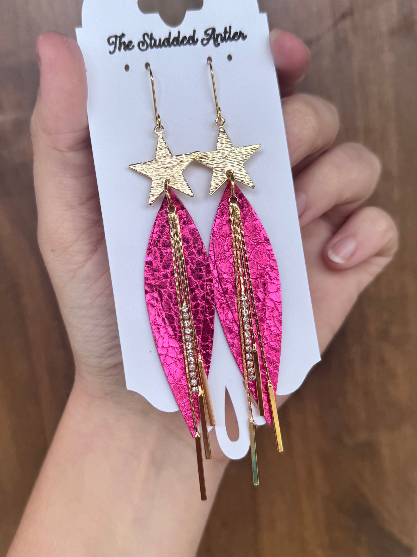 Handmade Hypoallergenic Hot Pink Metallic Leather Earrings with Gold Plated Brushed Brass Stars and Rhinestone Metal Tassels