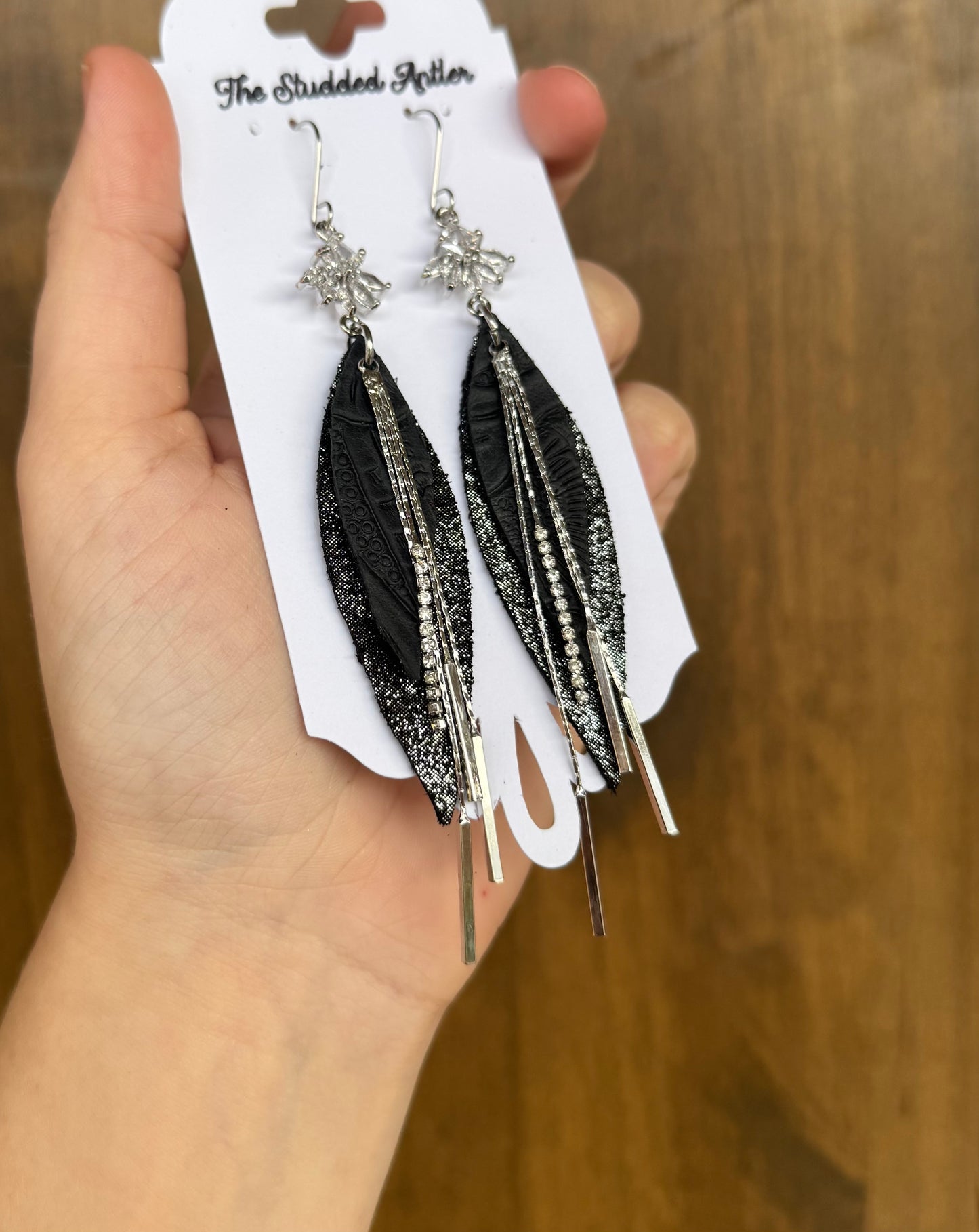 Black Sparkle Handmade Hypoallergenic Leather Earrings with Silver Bar Dangles