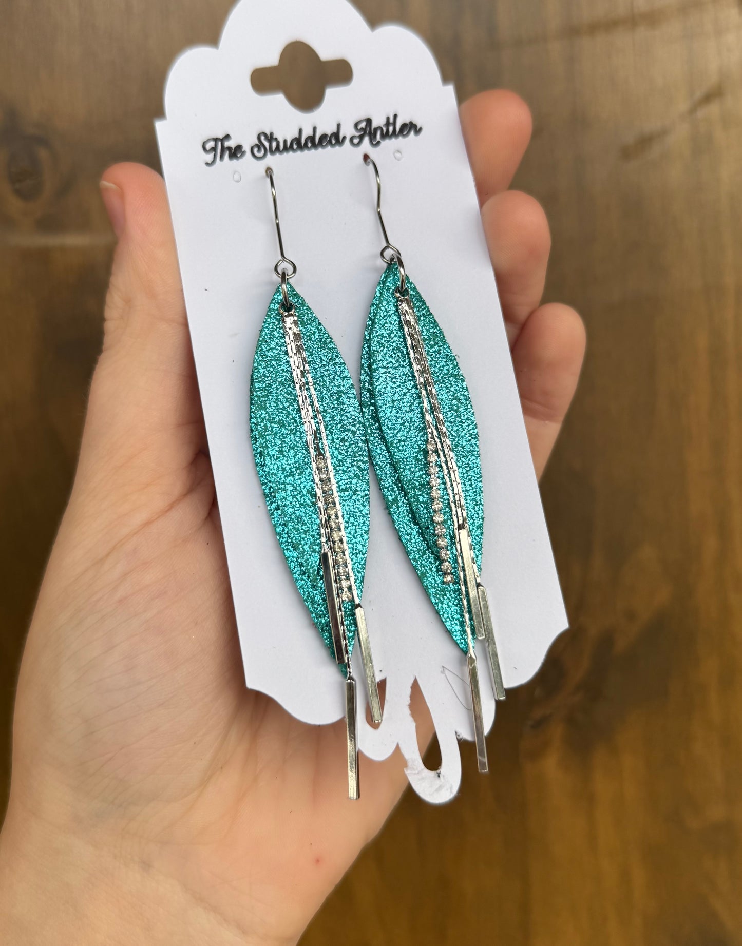 Blue Turqouise Handmade Hypoallergenic Leather Earrings with Silver Bar Dangles