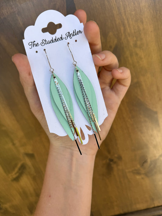 Leather Dangle Earrings - Rhinestone tassel earrings - Mint Blue and Silver Earrings - Women's Western Earrings