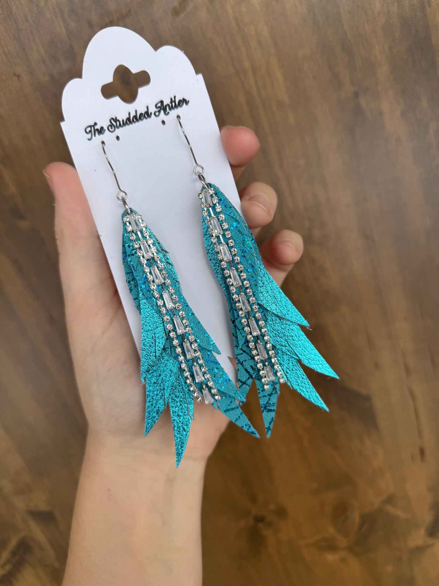 Fringe Feather Genuine Leather Earrings - Teal Metallic