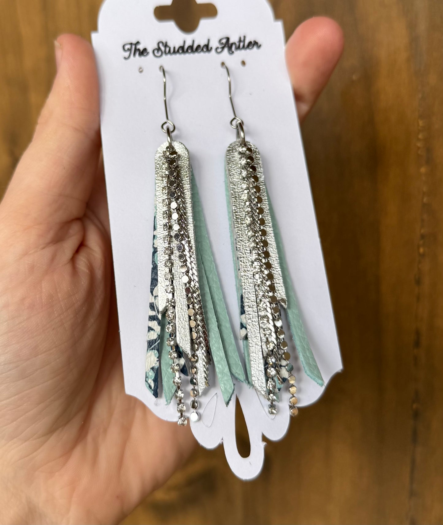 Blue Handmade Hypoallergenic Mini Leather Tassel Earrings with Silver Rhinestones