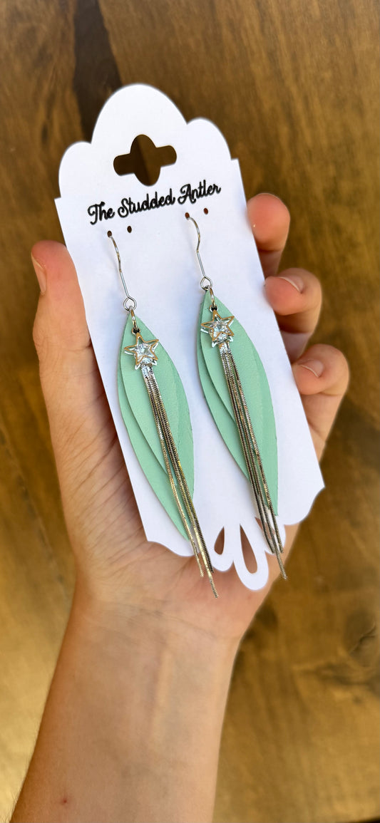 Mint Blue and Silver Star Handmade Hypoallergenic Leather Earrings