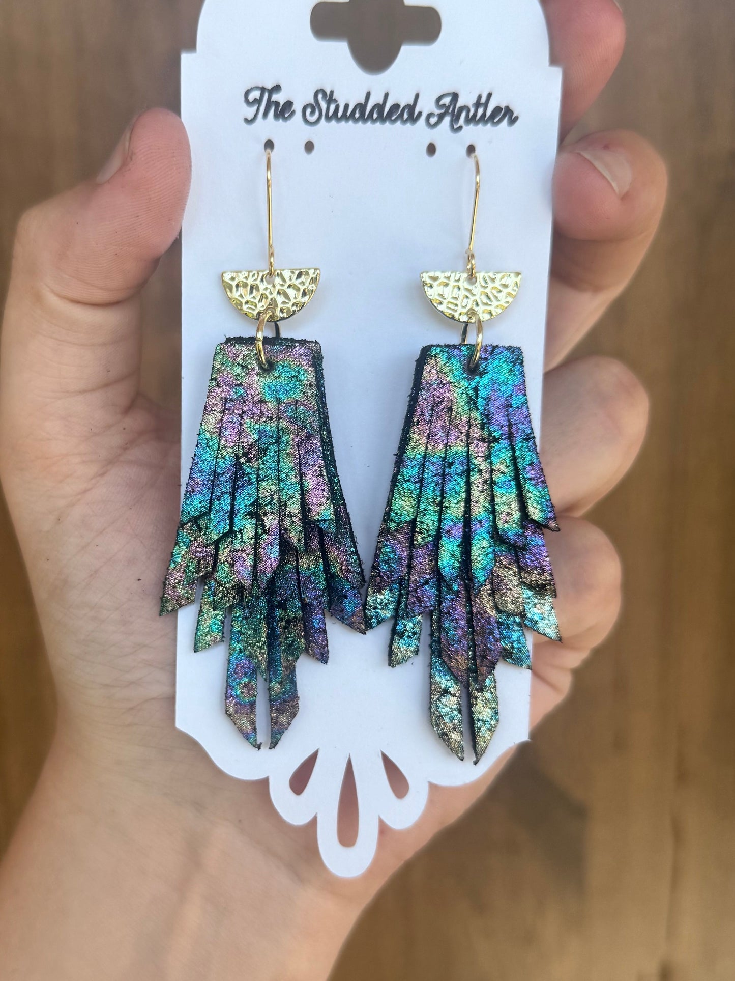 Handmade Hypoallergenic Oil Slick Leather Earrings with Hammered Gold Plated Accents