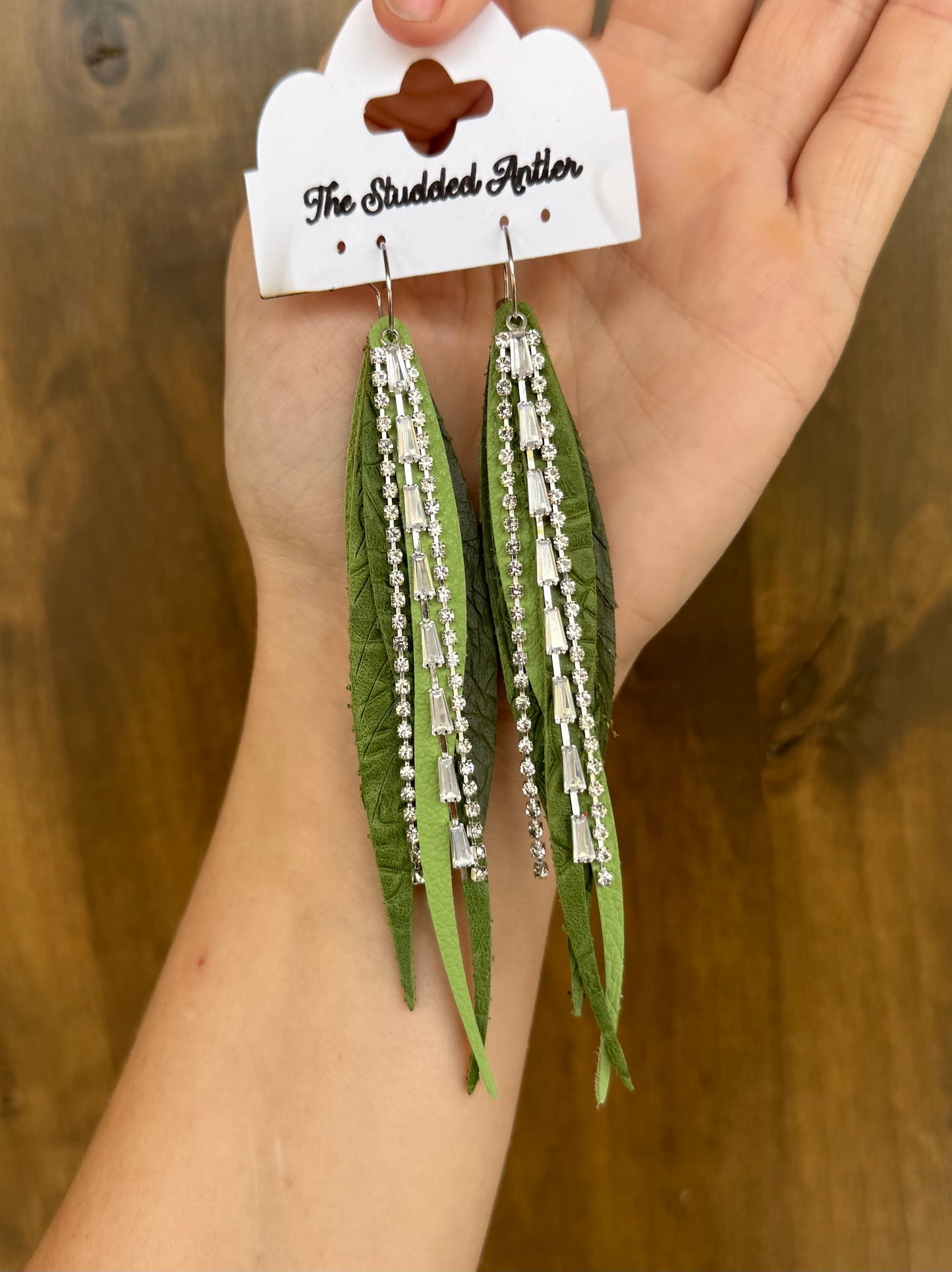 Green Handmade Hypoallergenic Leather Earrings with Silver Rhinestone Tassels
