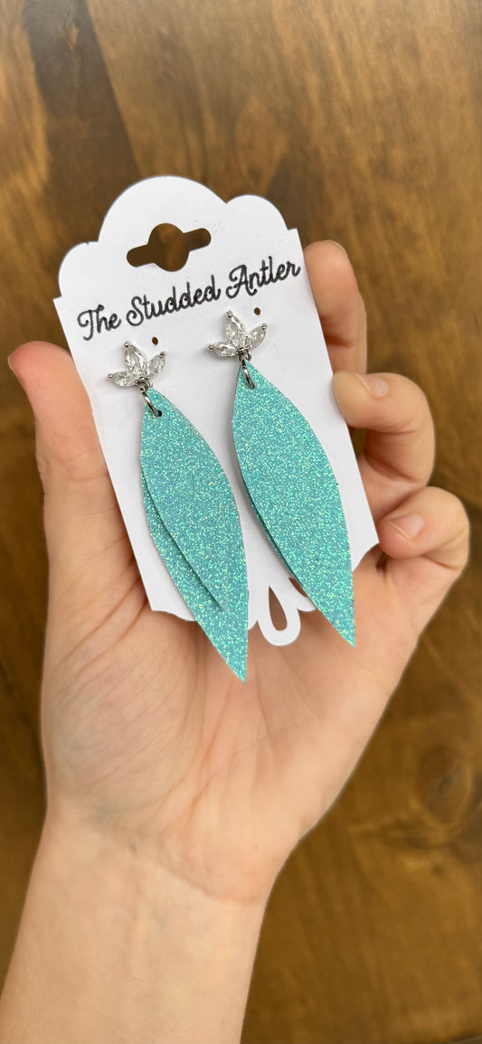 Teardrop Genuine Leather Earrings - Aqua Blue Glitter