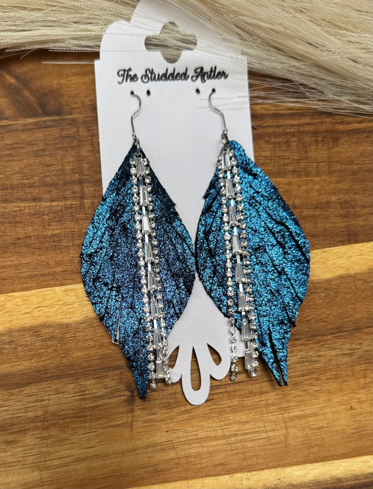 Navy blue shimmer/sparkle leather earrings - Handmade Hypoallergenic Leather Earrings with silver rhinestone tassel
