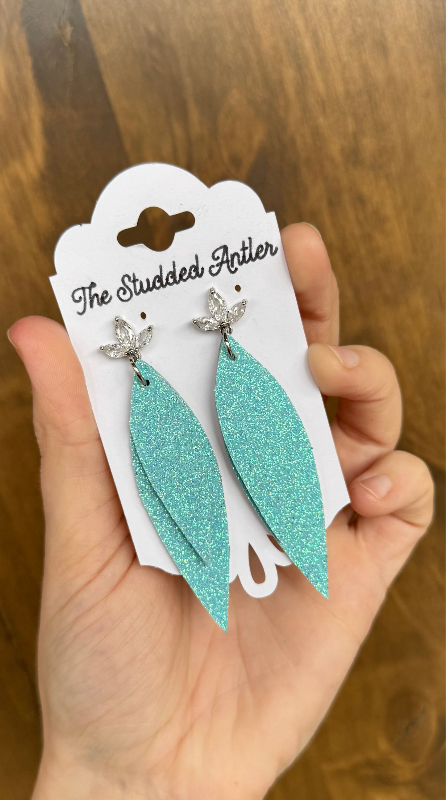 Teardrop Genuine Leather Earrings - Aqua Blue Glitter