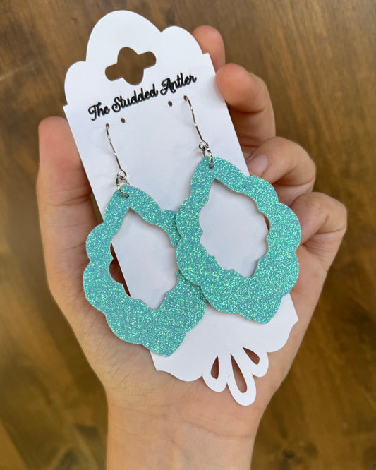 Aqua Blue Glitter leather earrings - Handmade Hypoallergenic Leather Earrings - Scalloped Dangle Earrings