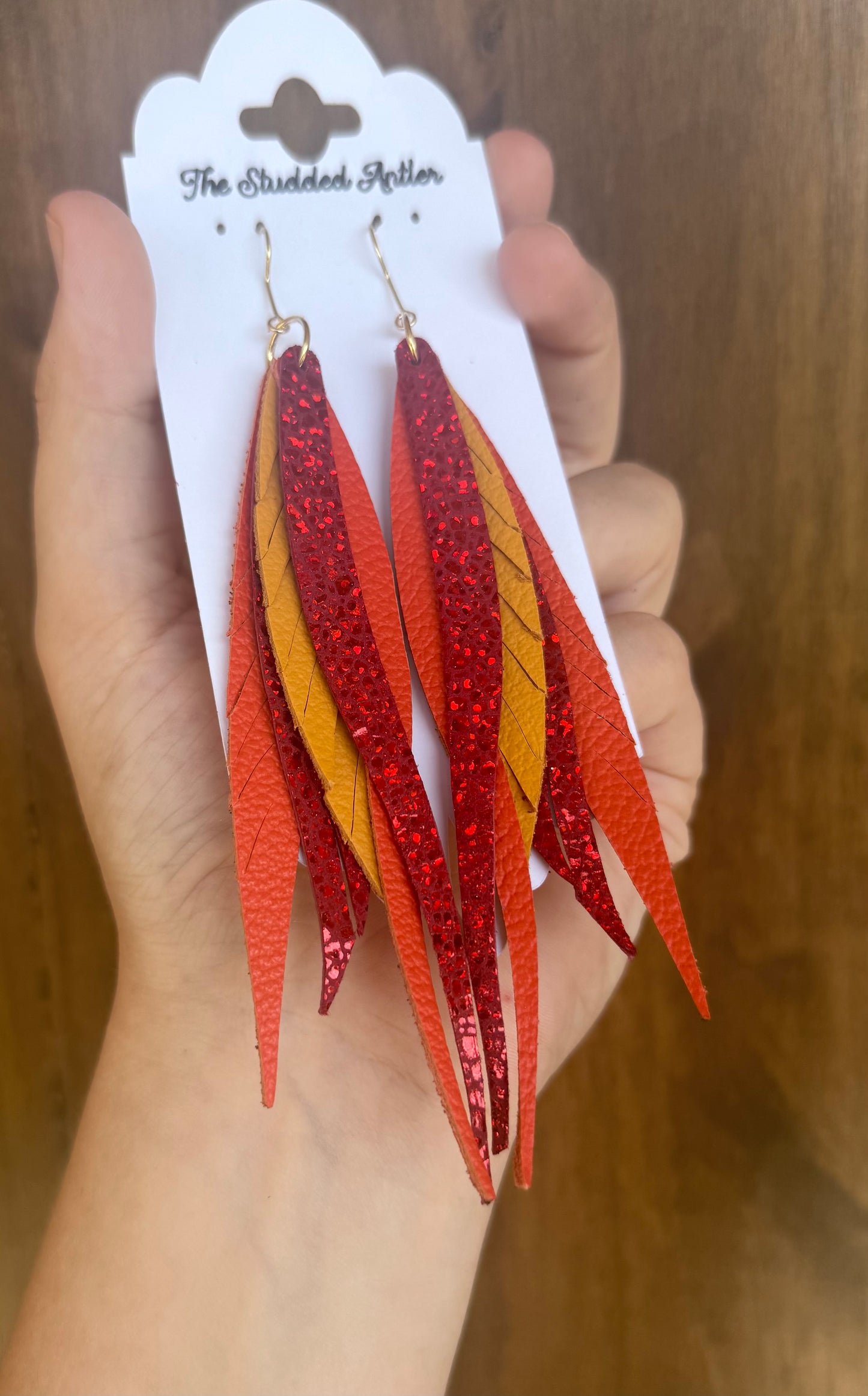 Handmade Hypoallergenic Red Holographic, Yellow and Orange  Leather Earrings
