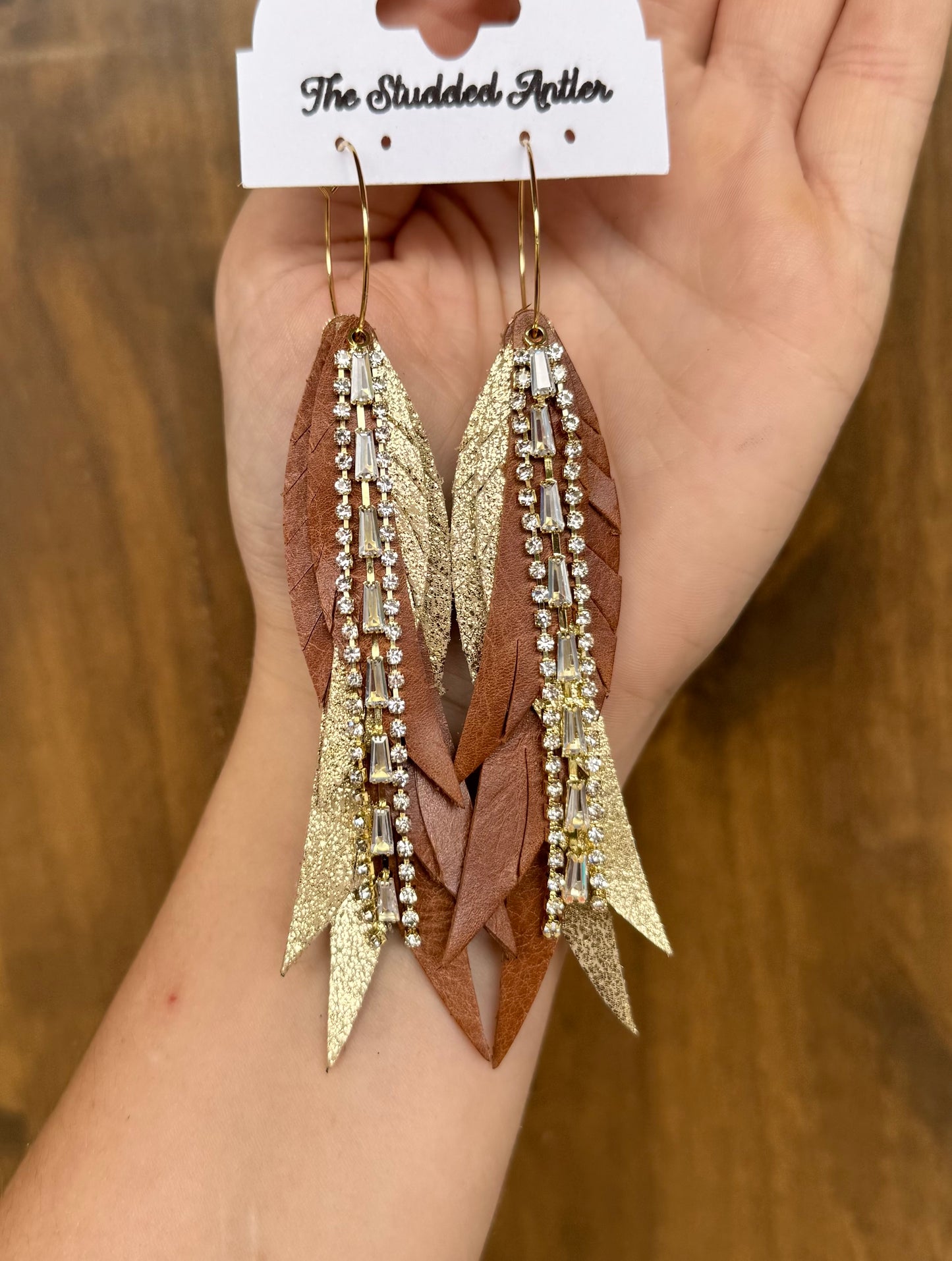 Light Brown and Gold Handmade Hypoallergenic Leather Earrings with Gold Rhinestone Tassels