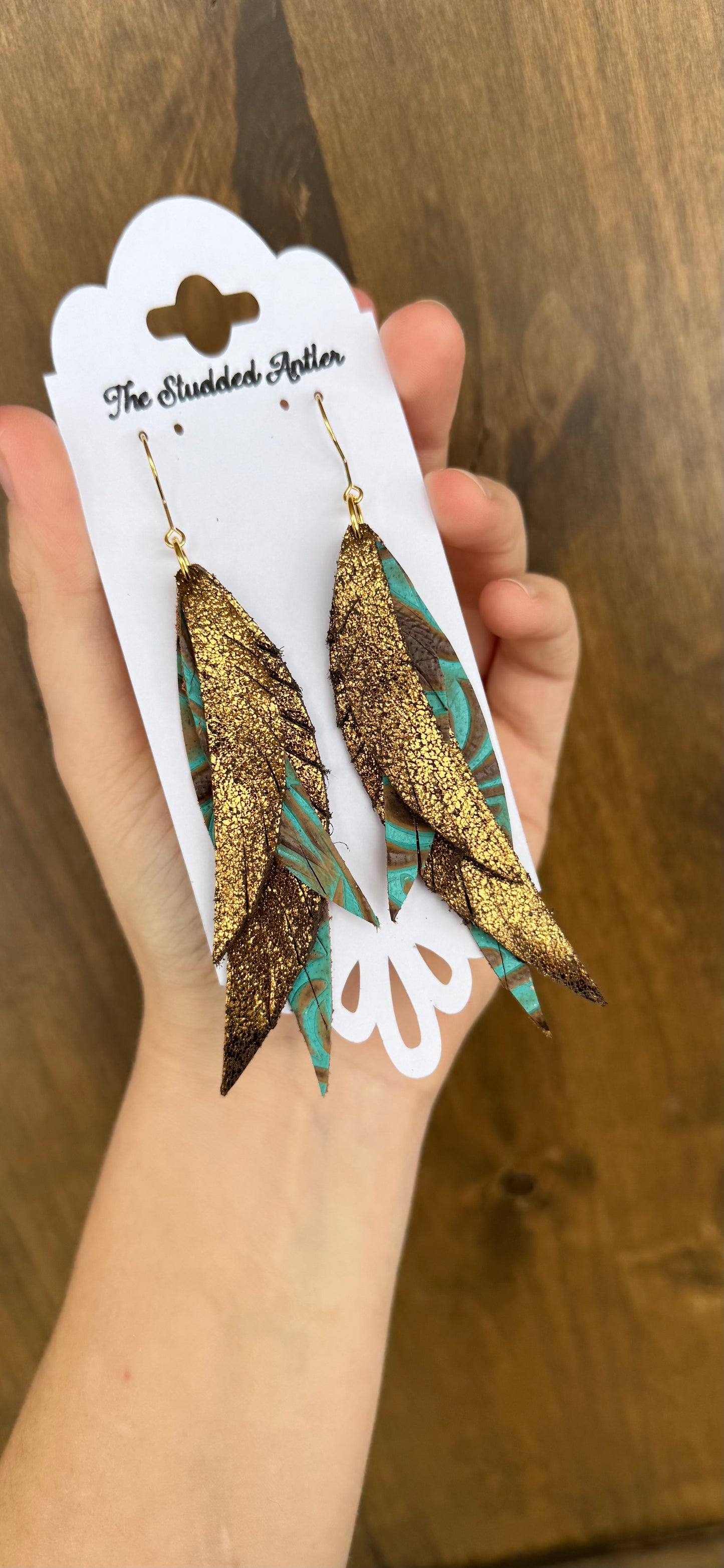 Western Style Leather Earrings - Fringe Feather Leather Earrings - Teal and Brown