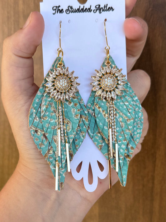 Handmade Hypoallergenic Mint Blue and Gold Embossed Leather Earrings with Gold CZ Sunflower Pendants and Metal Rhinestone Tassels