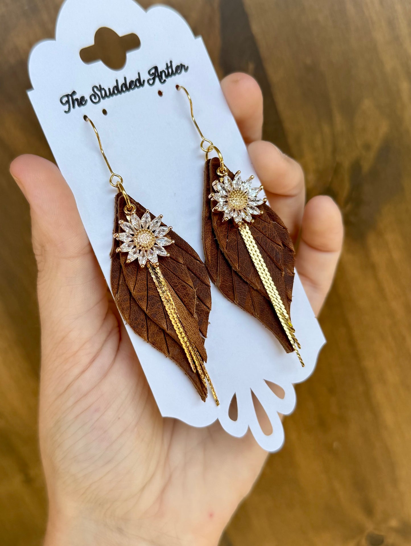 Brown Teardrop Leather Earrings with Gold Sunflower and chain - Handmade Hypoallergenic Leather Earrings - Mini Teardrop