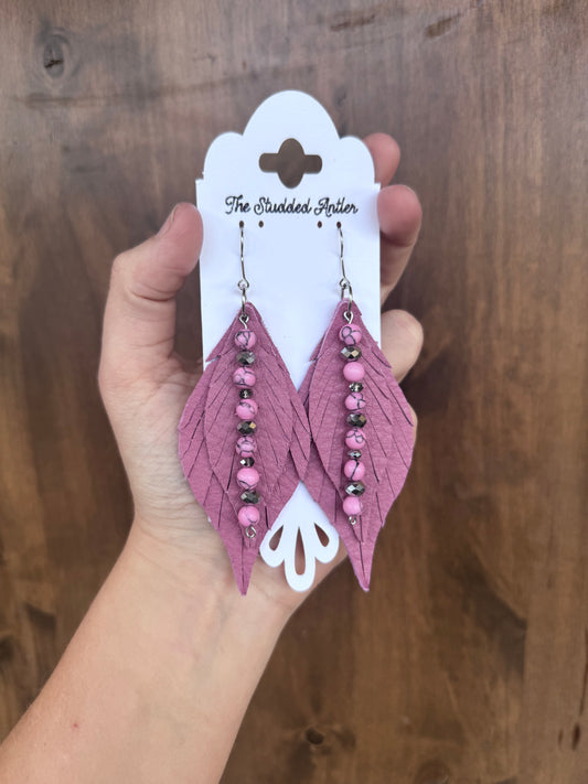 Mauve Pink Handmade Hypoallergenic Leather Earrings with Hand Beaded Faux Pink Turquoise Accent Tassels