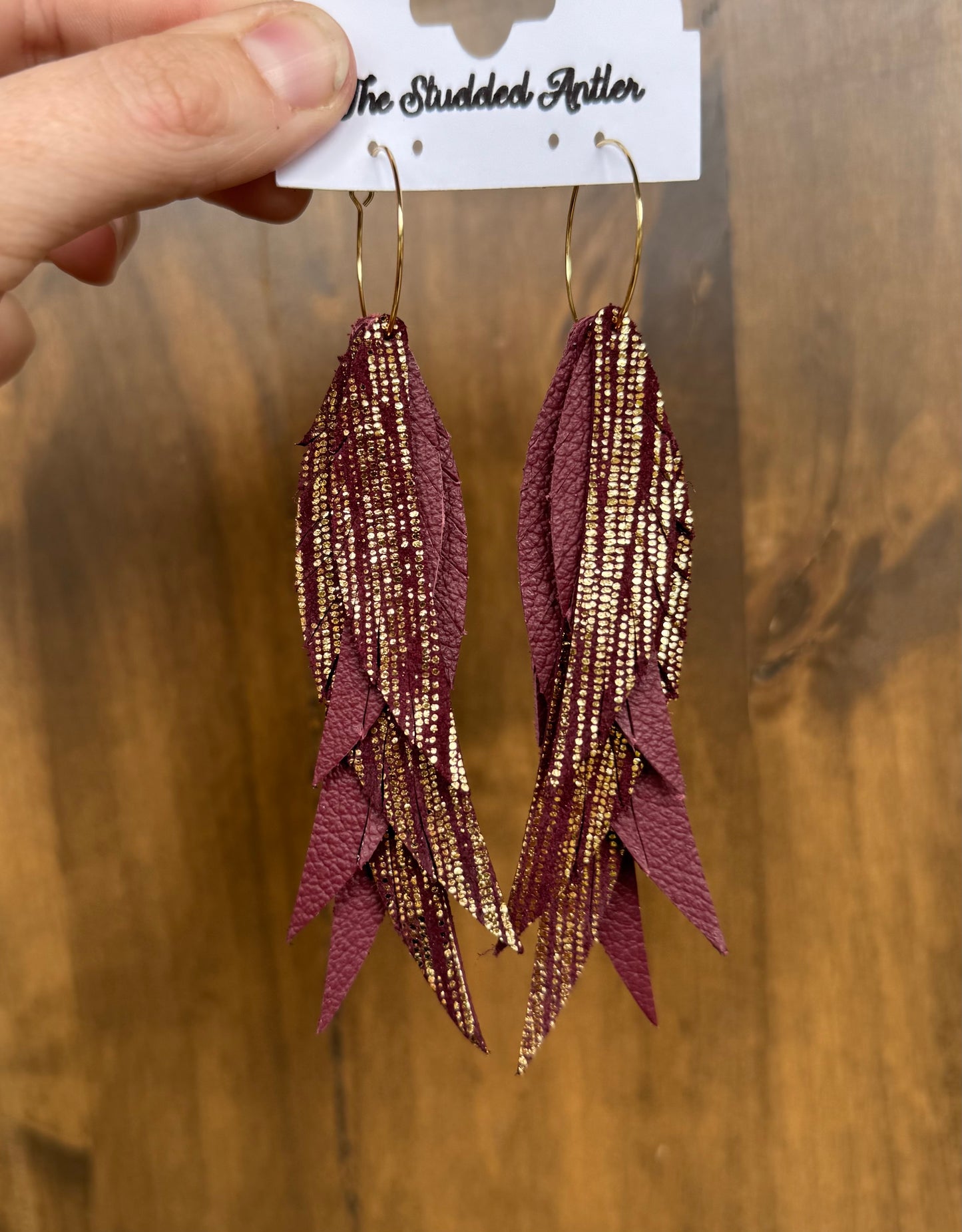 Burgundy and Gold Handmade Hypoallergenic Leather Earrings