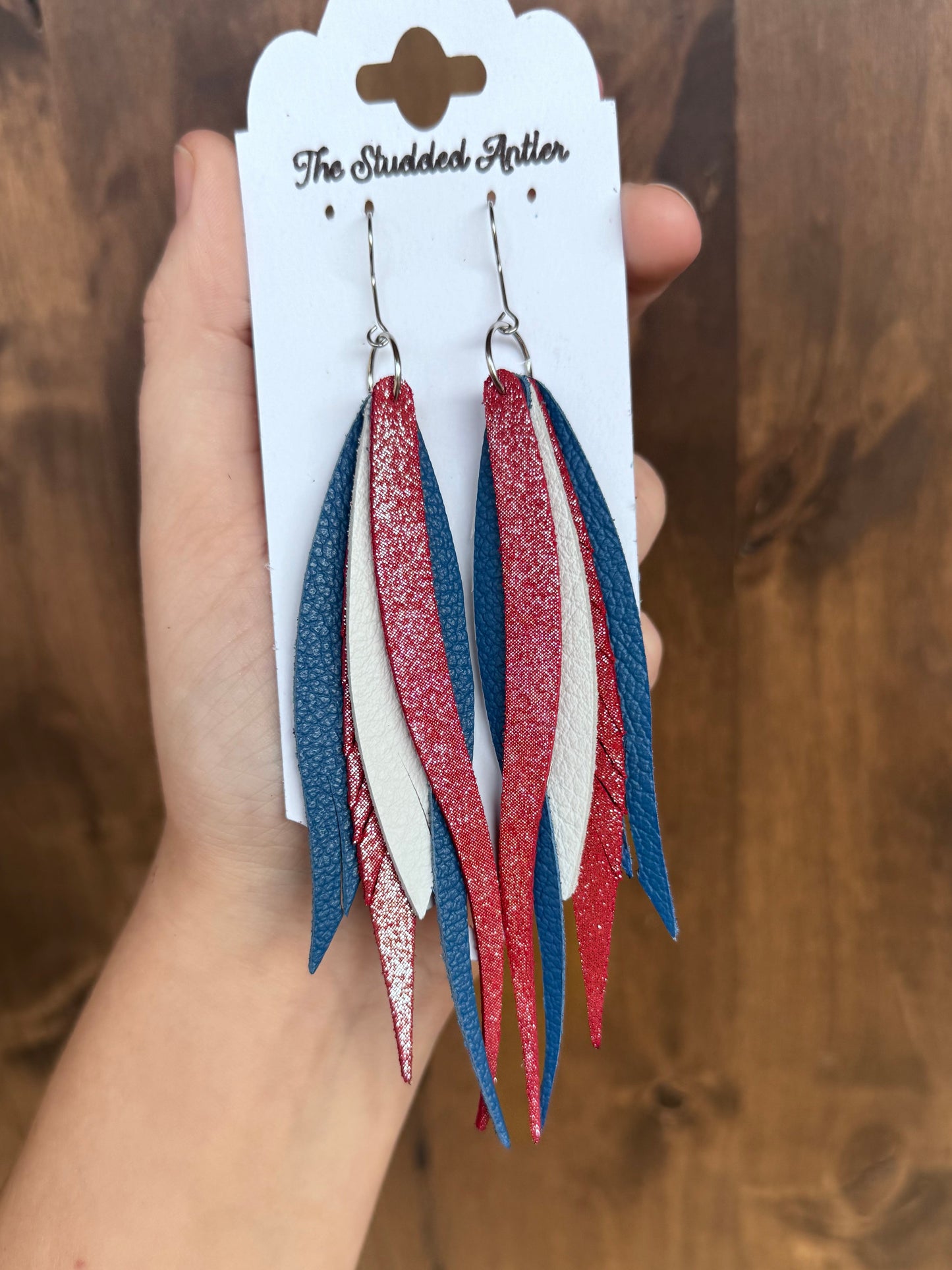 Red, White, and Blue Shimmer Handmade Hypoallergenic Leather Earrings