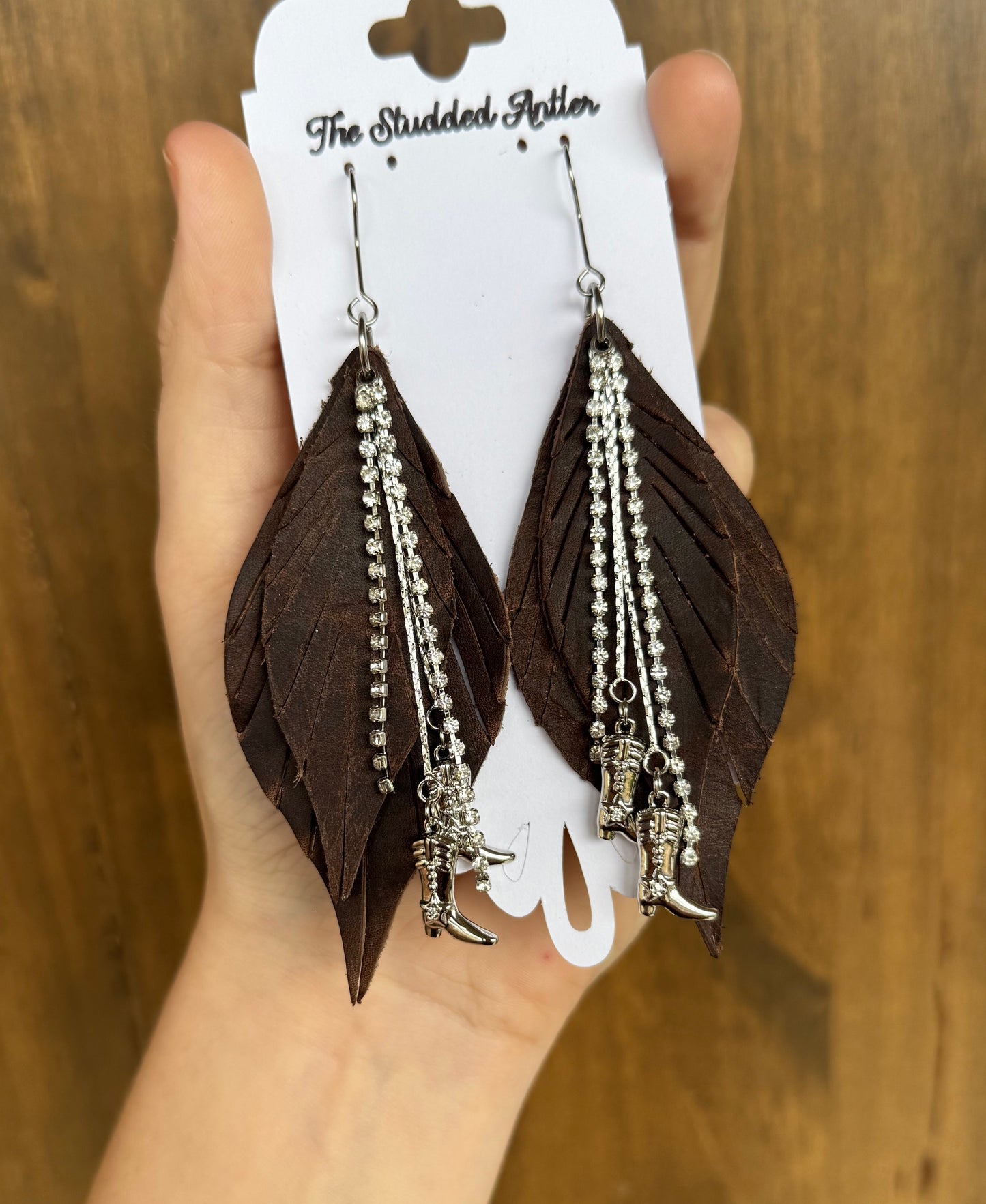 Brown Handmade Hypoallergenic Leather Earrings with Silver Cowboy Boots
