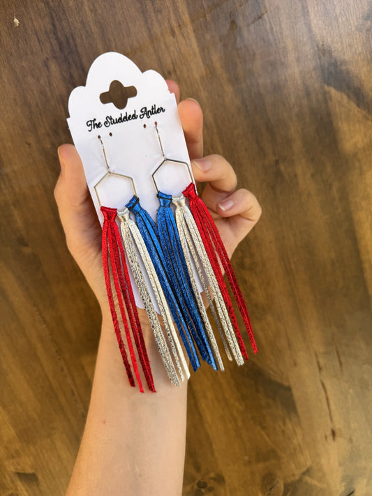 Western style fringe leather hoop earrings - Patriotic Leather Earrings - Red, Silver and Blue