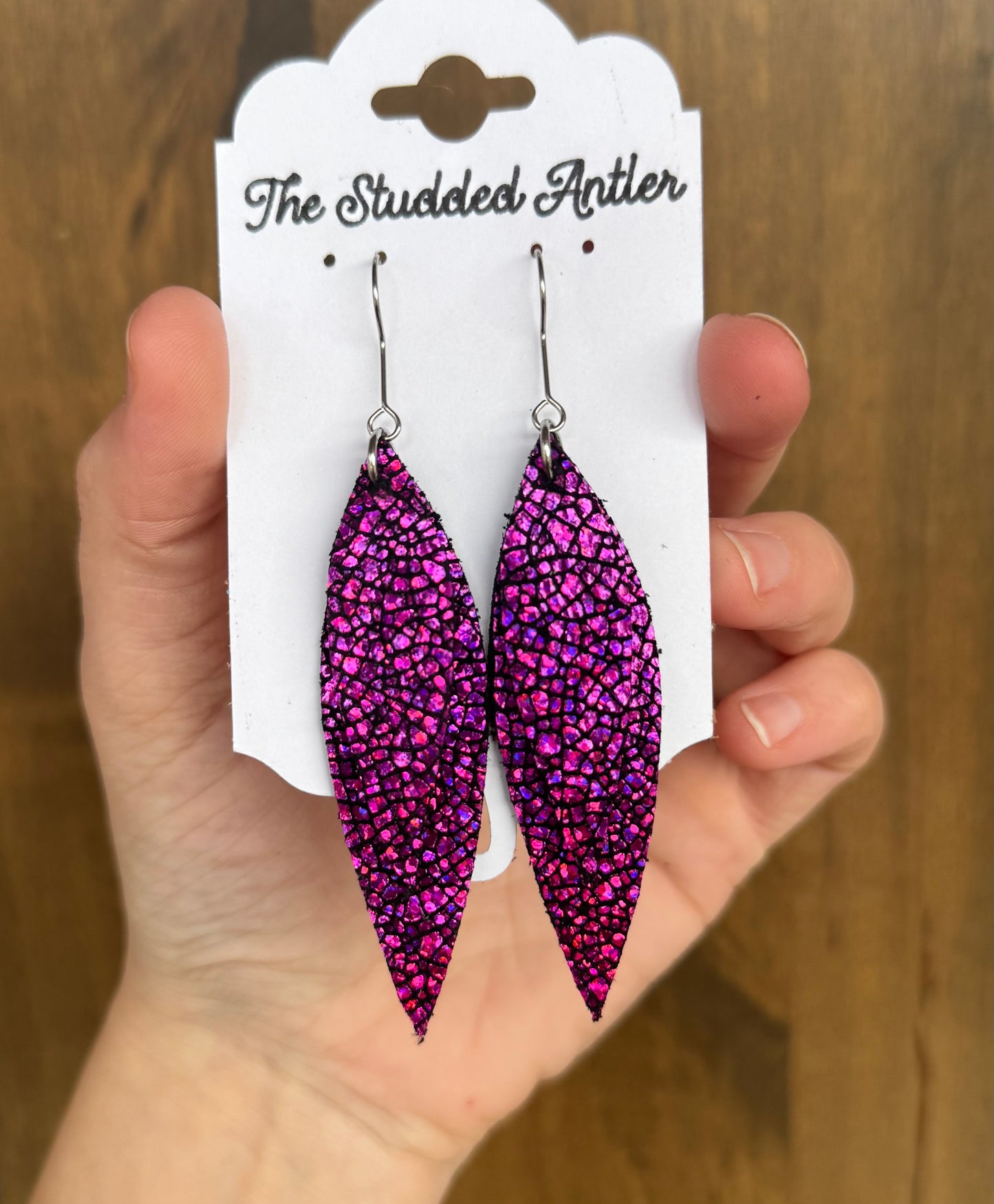 Hot Pink Handmade Hypoallergenic Leather Earrings with Crackle