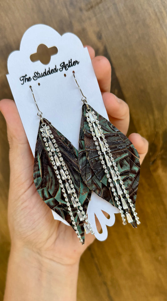 Brown and Aqua Blue Tooled leather earrings - Handmade Hypoallergenic Leather Earrings with silver rhinestone tassel