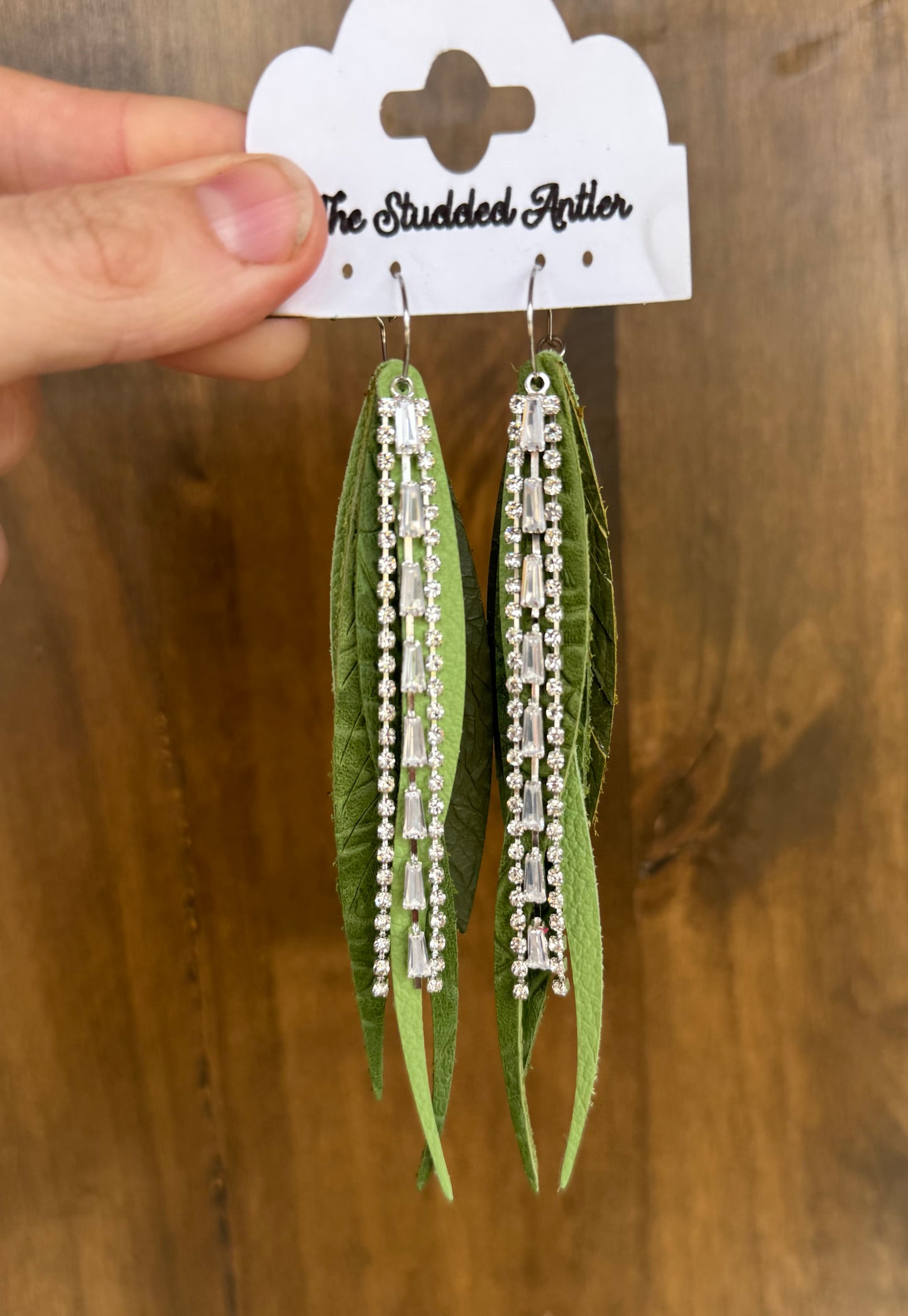 Green Handmade Hypoallergenic Leather Earrings with Silver Rhinestone Tassels