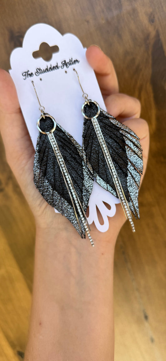 Black-and-silver-shimmer-leather-earrings