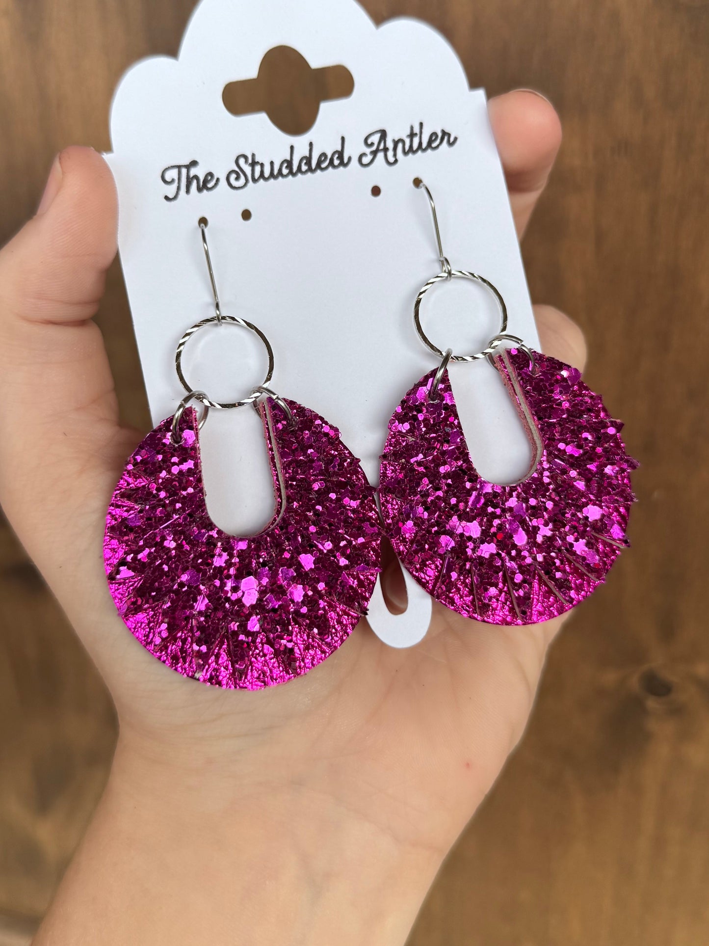 Hot Pink Glitter Handmade Hypoallergenic Round Leather Earrings with Silver Circle Accents