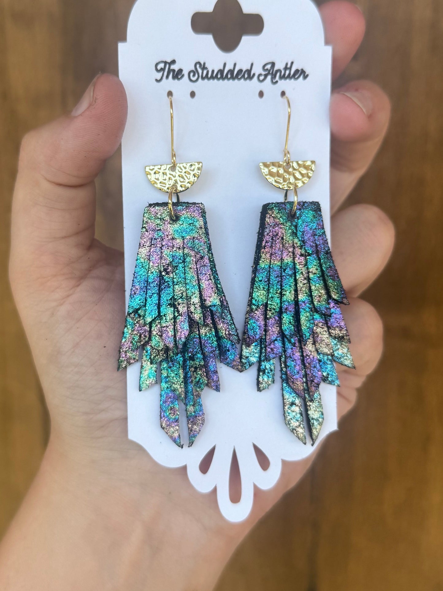 Handmade Hypoallergenic Oil Slick Leather Earrings with Hammered Gold Plated Accents