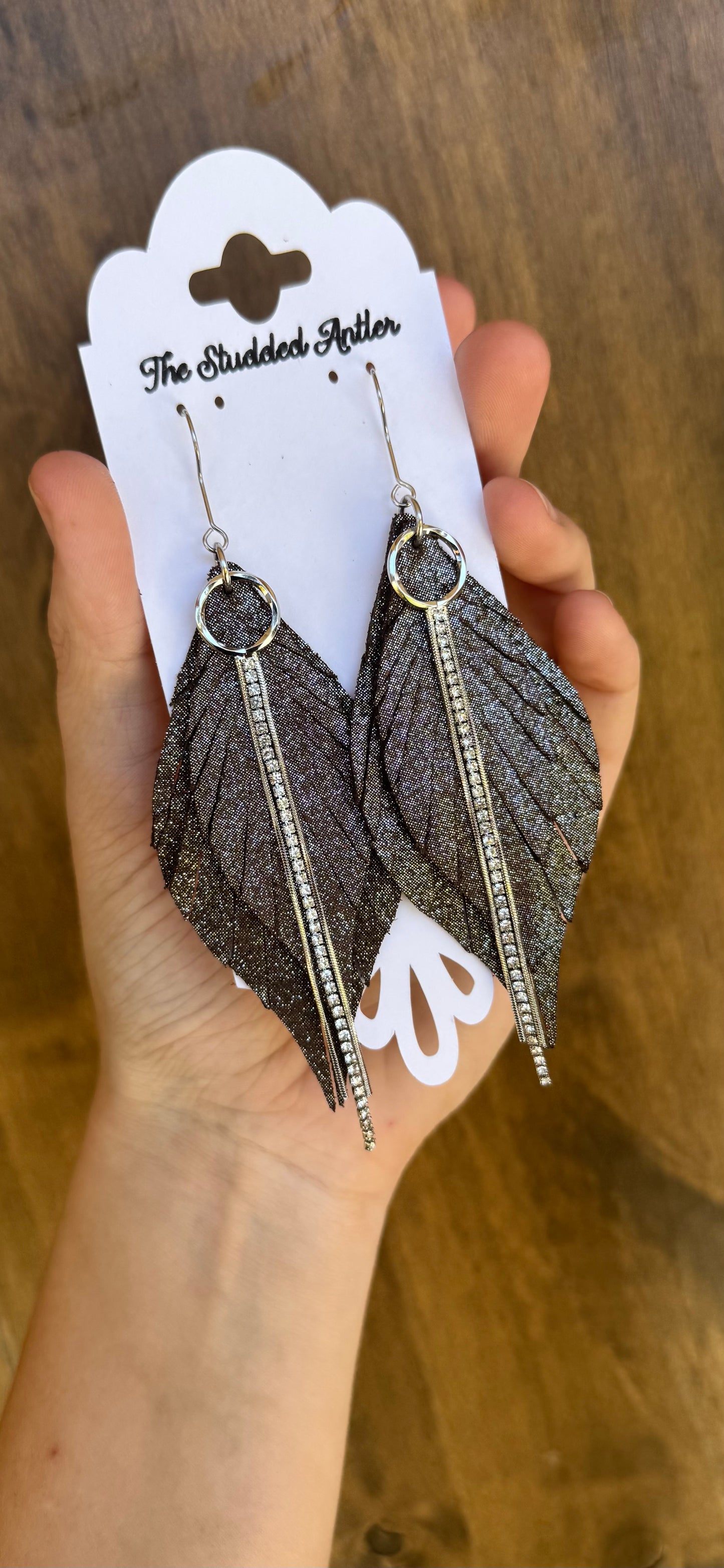 Fringe feather leather earrings - Western Leather Earrings for women - Brown and silver sparkle earrings