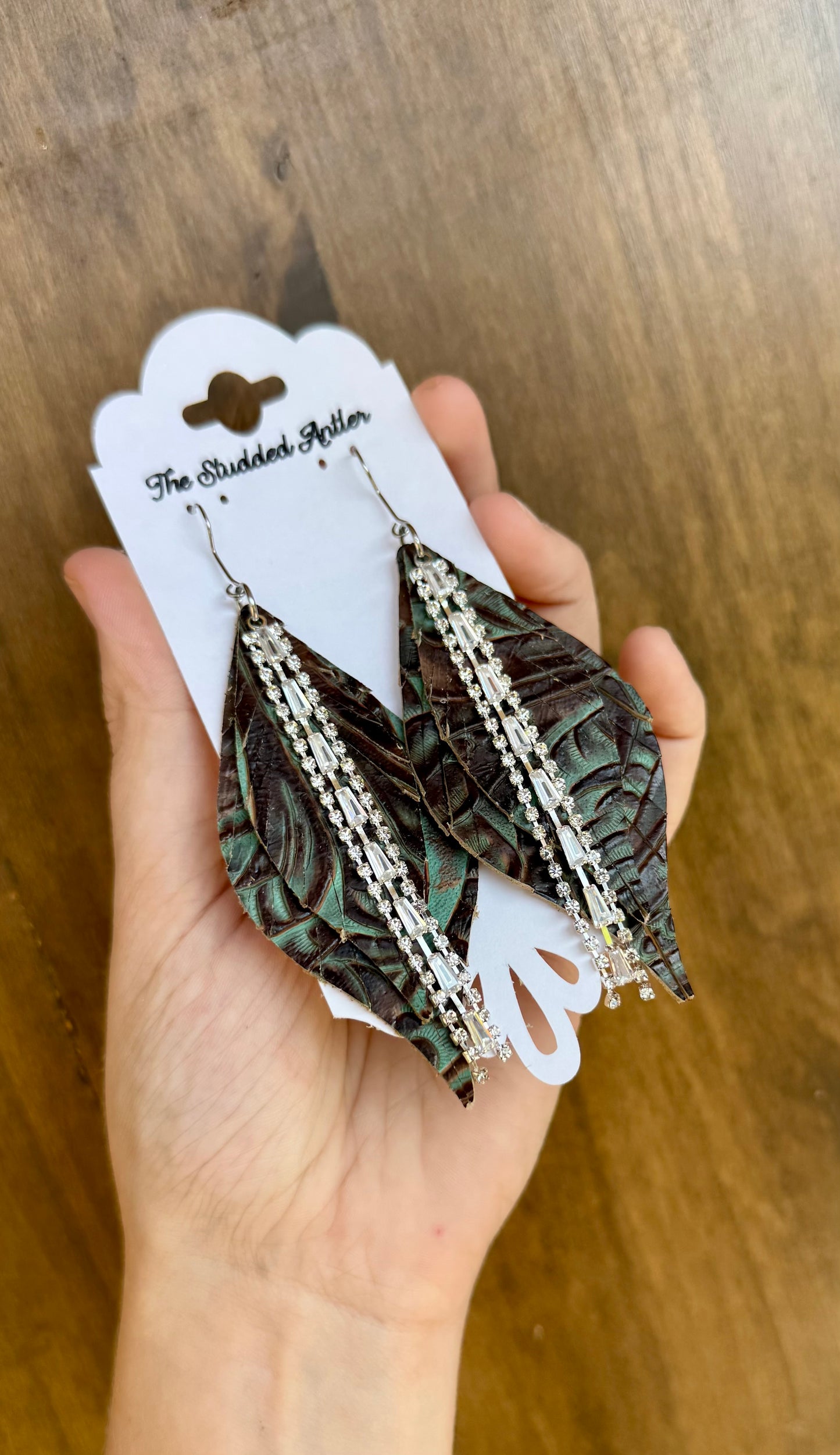 Brown and Aqua Blue Tooled leather earrings - Handmade Hypoallergenic Leather Earrings with silver rhinestone tassel